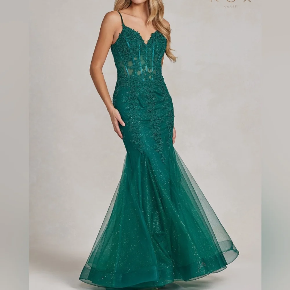 Green,red,blue mermaid long beaded open back gown